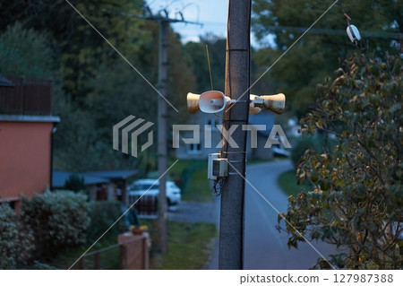 Twilight small village street public speaker system Twilight small village street public speaker system 127987388