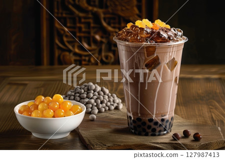 Enjoy a refreshing brown sugar boba tea filled with black pearls, served in an inviting cafe atmosphere with decorative accents 127987413