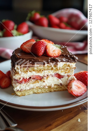 Creamy layers of cake, whipped cream, and strawberries topped with chocolate frosting create an indulgent treat enjoyed during a gathering 127987417