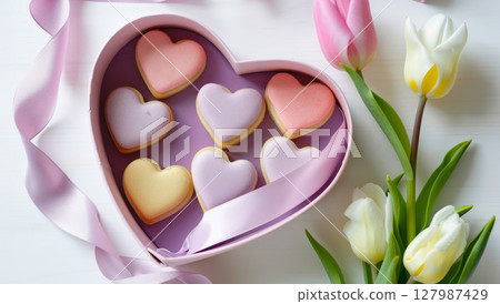 Pink heart-shaped cookies neatly placed in a gift box accompanied by vibrant tulips, perfect for sharing moments of love and joy 127987429