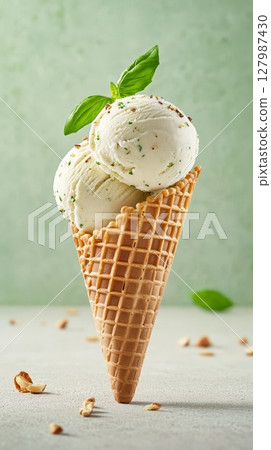 Enjoyment unfolds with a gourmet waffle cone filled with two scoops of creamy basil ice cream, elegantly presented with fresh basil 127987430