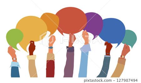 Raised Hand of Anonymous Multicultural Group. Diverse People with Speech Bubble. Racial Equality, Communication, Diversity and Inclusion Concept. Isolated Crowd of Men and Women 127987494