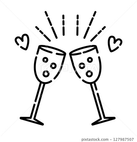 Two glasses with sparkling wine, black line vector illustration Two glasses with sparkling wine, black line vector illustration 127987507