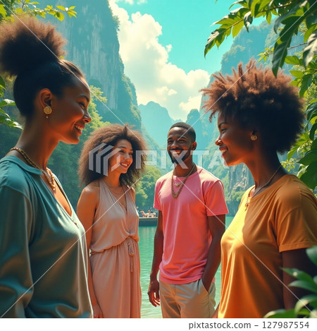 Foreigners chatting at a summer tourist spot 127987554