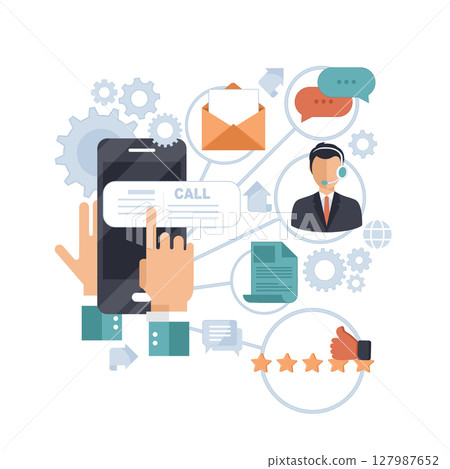Business customer care service concept. Icons set of contact us, support, help, phone call and website click. Man sitting on the floor and holding lap top with telephone by his side. Flat vector 127987652