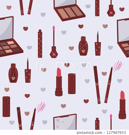 Cosmetic products, seamless pattern on grey background 127987653