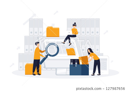 Office workers organizing data storage and file archive on server or computer. PC users searching documents on database. Vector illustration for information technology, source concept	 127987656