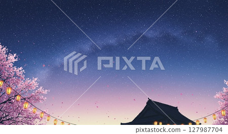 A fantastical landscape depicting cherry trees, lanterns and beautiful buildings against the backdrop of a starry sky 127987704
