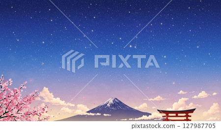 A starry sky spreads out before you, countless stars in the night sky, and a red torii gate 127987705