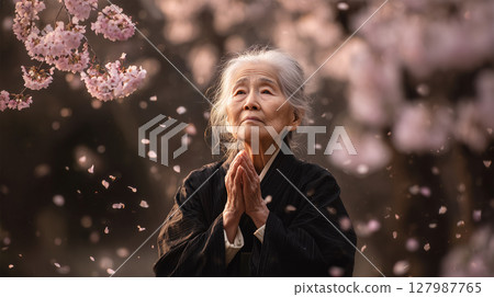 An elderly woman in mourning clothes prays amid falling cherry blossoms 127987765