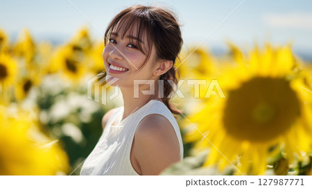 夏日向日葵田充滿笑容 127987771