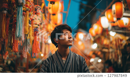 身穿浴衣的年輕人站在七夕裝飾下 127987849