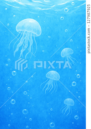 A transparent illustration of jellyfish and bubbles floating in the sea (vertical composition) 127987925
