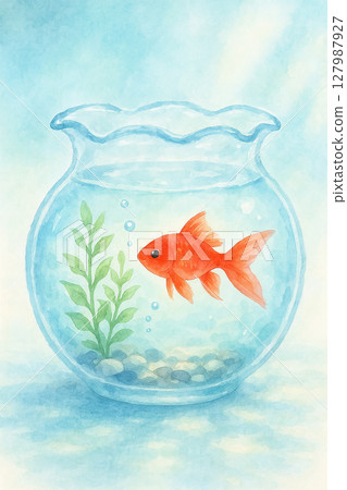 Transparent summer still life illustration of a goldfish bowl and aquatic plants (vertical composition) 127987927