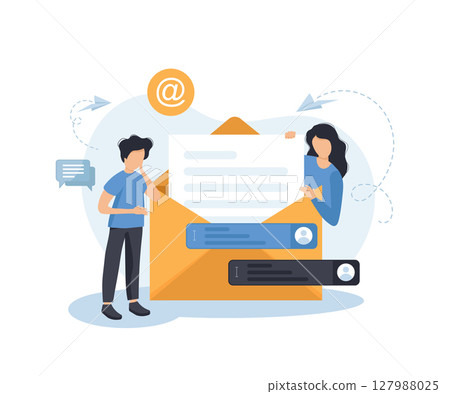 Email and messaging, email marketing campaign, working process, new email message. Flat vector illustration Email and messaging, email marketing campaign, working process, new email message. Flat vector illustration 127988025