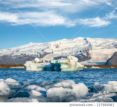 Impressive floating icebergs in Jokulsarlon glacier lagoon. Impressive floating icebergs in Jokulsarlon glacier lagoon. 127988061