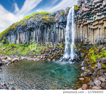 Impressive view of Svartifoss waterfall with basalt columns on southern part of Iceland. Impressive view of Svartifoss waterfall with basalt columns on southern part of Iceland. 127988093