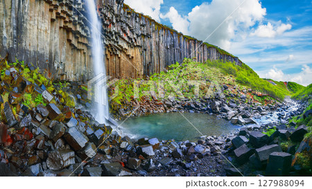 Impressive view of Svartifoss waterfall with basalt columns on southern part of Iceland. 127988094