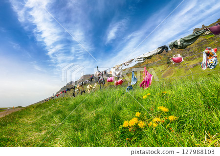 Impressive view of Bra fence on the main road near Skogafoss in  Iceland. 127988103