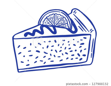 Hand draw slice of a cheesecake with lemon vector illustration. Doodle dessert cake isolated. Cafe pastry sketch style 127988132