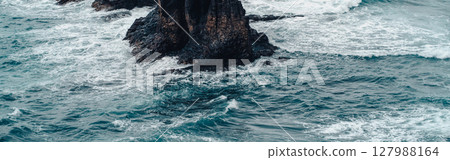 A dark rocks amist stromy wavy ocean in a cloudy weather. 127988164