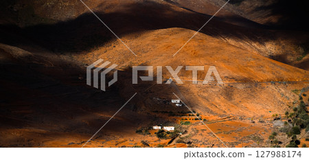 Top view through the clouds on Fuerteventura islands landscapes. Top view through the clouds on Fuerteventura islands landscapes. 127988174