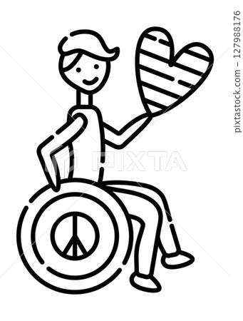 Disabled man in wheelchair with heart in his hand and pacific symbol on the wheel of chair 127988176