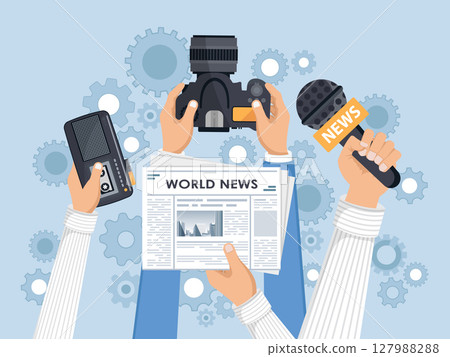 Journalism. Camera and photos. Mass media, television, interview, breaking news, press conference concept. Flat vector Journalism. Camera and photos. Mass media, television, interview, breaking news, press conference concept. Flat vector 127988288