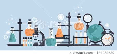 Laboratory equipment banner. Concept for science, medicine and knowledge. Flat vector illustration Laboratory equipment banner. Concept for science, medicine and knowledge. Flat vector illustration 127988289