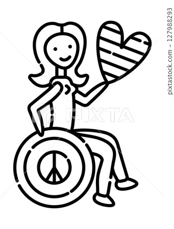 Disabled woman in wheelchair with heart in her hand and pacific symbol on the wheel of chair Disabled woman in wheelchair with heart in her hand and pacific symbol on the wheel of chair 127988293