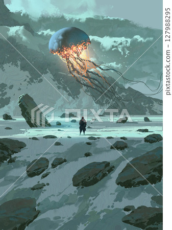 Lone Explorer Confronts Mysterious Floating Entity in Frozen Wasteland Lone Explorer Confronts Mysterious Floating Entity in Frozen Wasteland 127988295