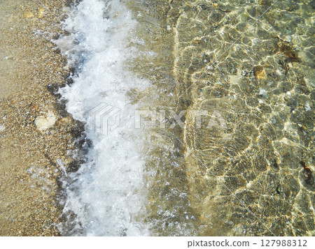 Close-up aerial view of the crystal-clear, transparent sea with gentle waves and white foam off the coast of Sardinia, Italy. The pristine Mediterranean water reveals subtle textures beneath the 127988312
