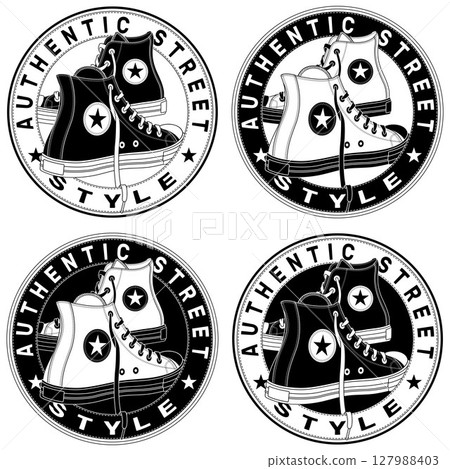 Circular logo with sport shoe for skaters 127988403