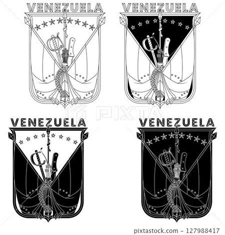 Venezuela flags with weapons framed with a shield Venezuela flags with weapons framed with a shield 127988417