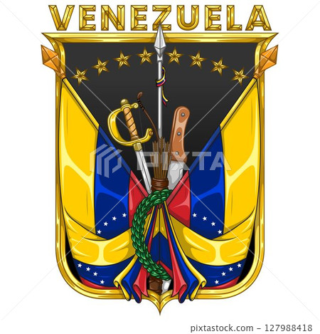 Venezuela flags with weapons framed with a shield 127988418
