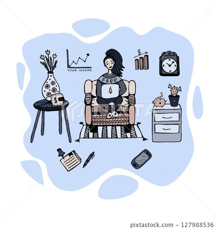 Cute woman freelancer at home, colorful illustration Cute woman freelancer at home, colorful illustration 127988536