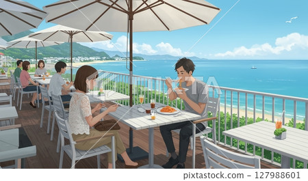 A couple relaxing at a cafe with the beautiful sea as a backdrop 127988601