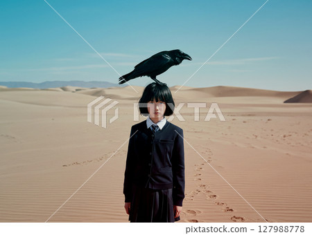 一個女孩獨自站在沙漠中，忍受孤獨。只有一隻烏鴉能填補她的孤獨。 127988778