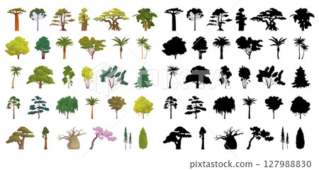 Seth black silhouettes and realistic trees from different climatic zones on a white background - Vector 127988830
