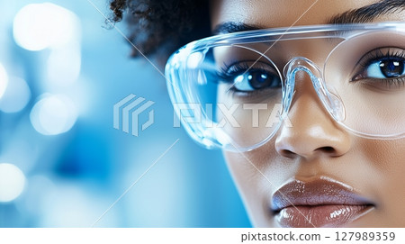 Focused scientist wearing protective eyewear, standing confidently in sterile laboratory environment, representing professional medical portrait of a scientist 127989359