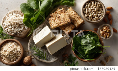 Plant based protein sources arranged neatly, showcasing diverse ingredients supporting healthy vegetarian and vegan nutrition strategies,Plant based protein 127989425