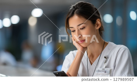 Worried female healthcare worker reviewing distressing smartphone message, leaning against hospital wall with weary expression Worried female healthcare worker reviewing distressing smartphone message, leaning against hospital wall with weary expression 127989507