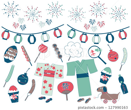 Summer festival illustration set - dull colors Summer festival illustration set - dull colors 127990163