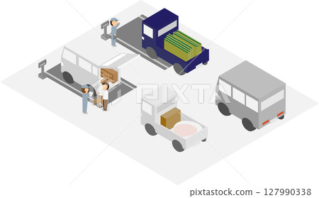 Isometric image of a person carrying garbage and the corresponding staff Isometric image of a person carrying garbage and the corresponding staff 127990338