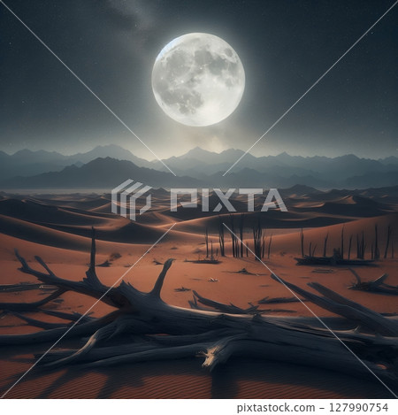 Surreal Nightscape with Full Moon in a Cracked Desert with Generative AI. 127990754