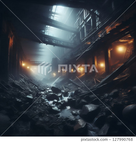 Abandoned Industrial Mine Tunnel with Moody Lighting and Reflections with Generative AI. 127990768