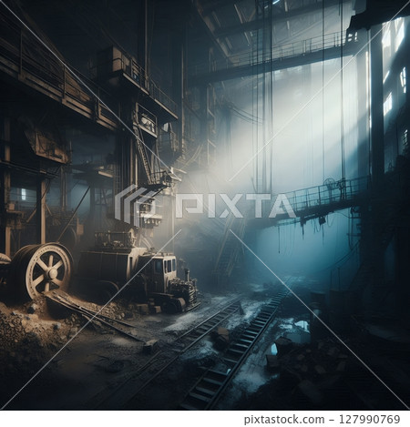Abandoned Industrial Mine Tunnel with Moody Lighting and Reflections with Generative AI. Abandoned Industrial Mine Tunnel with Moody Lighting and Reflections with Generative AI. 127990769