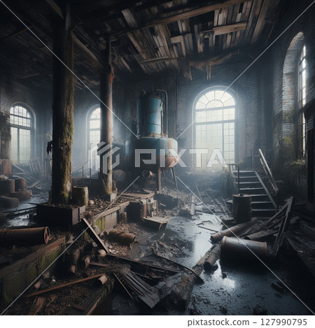 Abandoned Industrial Mine Tunnel with Moody Lighting and Reflections with Generative AI. 127990795