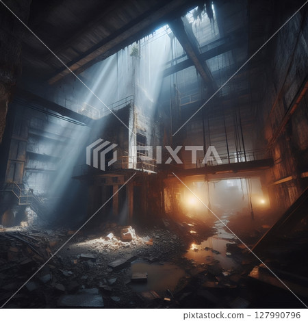 Abandoned Industrial Mine Tunnel with Moody Lighting and Reflections with Generative AI. 127990796