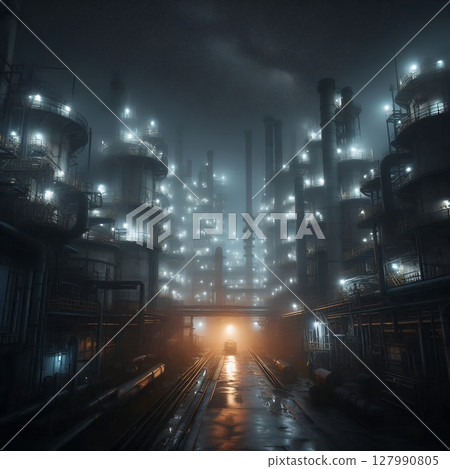 Industrial Refinery Complex Illuminated at Night with Atmospheric Fog with Generative AI. 127990805